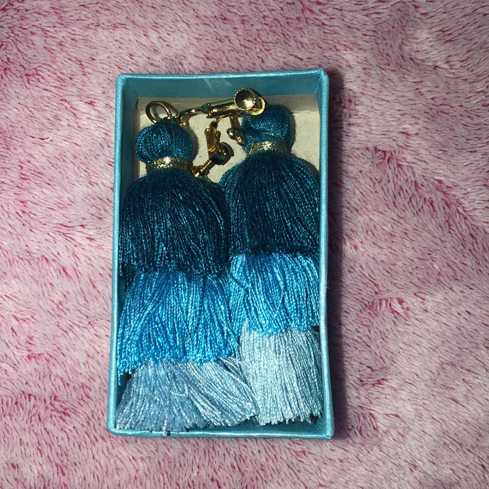 Never worn, blue boho tassel clip on earrings